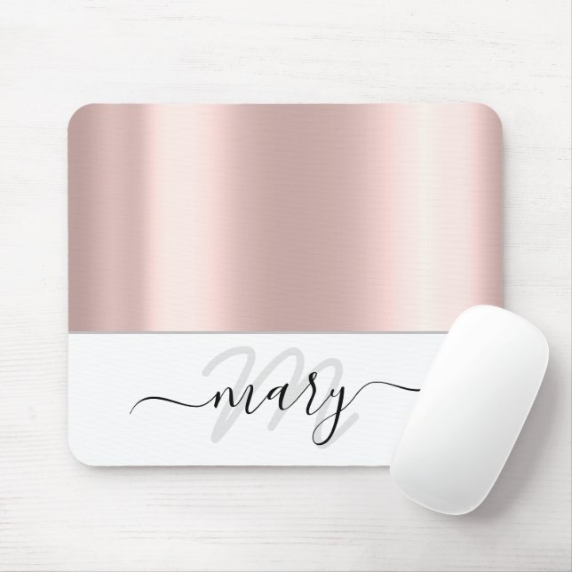 Name Monogram Minimal  Rose Blush White Modern Mouse Pad (With Mouse)