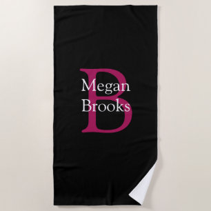 Name & Monogram on Black Beach Towel