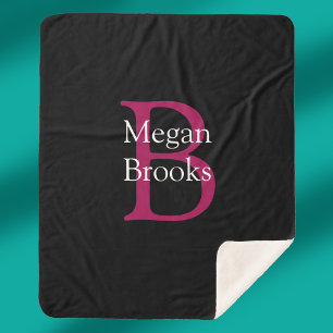 Name & Monogram on Black Sherpa Blanket