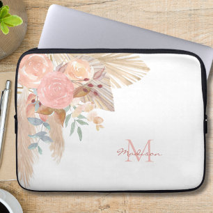 Name Monogram Pink Floral  Laptop Sleeve