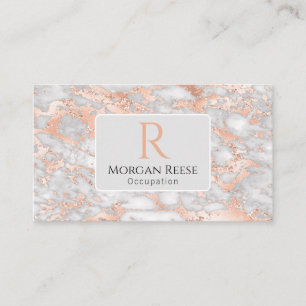 Name & Monogram, QR Code, Grey & Rose Gold Marble  Business Card