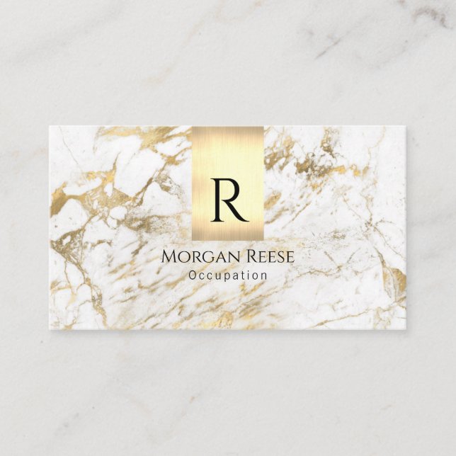 Name & Monogram, QR code, White & Gold Marble Vs 5 Business Card (Front)