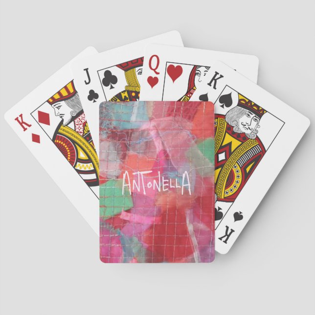 Name monogram red pink abstract girly pattern cool playing cards (Back)