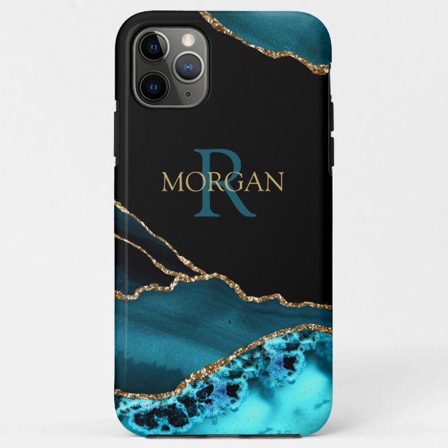 Name & Monogram Teal Black Agate, Gold DkTeal Text Case-Mate iPhone Case (Back)