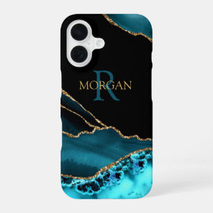 Name & Monogram Teal Black Agate, Gold DkTeal Text iPhone 16 Case