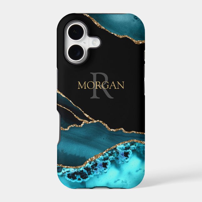 Name & Monogram, Teal Black Agate, Gold Grey Text (Back)