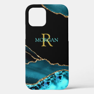 Name & Monogram, Teal/Black Agate, Gold/Teal Text  iPhone 12 Pro Case