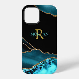Name & Monogram, Teal/Black Agate, Gold/Teal Text iPhone 12 Pro Case