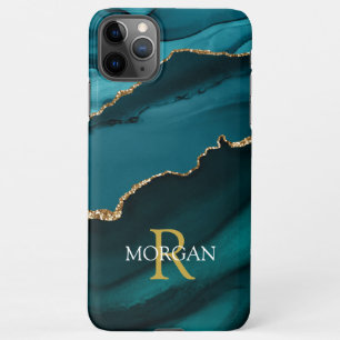 Name & Monogram, Teal Black Agate, Gold White Text iPhone 11Pro Max Case