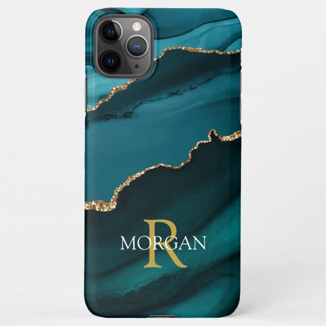 Name & Monogram, Teal Black Agate, Gold White Text iPhone Case (Back)