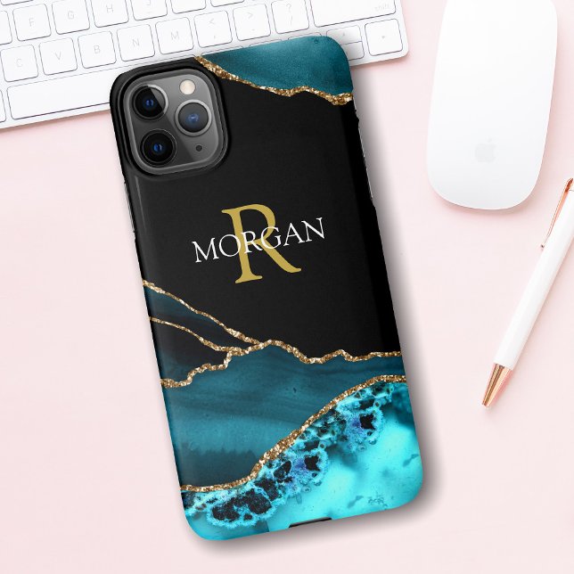 Name & Monogram, Teal Black Agate, Gold White Text iPhone Case (Creator Uploaded)
