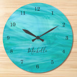 Name Monogram Turquoise Large Clock<br><div class="desc">This colourful Wall Clock is decorated with a turquoise swirl pattern.
Easily customizable with your name or monogram.
Use the Customize Further option to change the text size,  style or colour if you wish.</div>