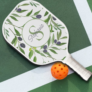 Name Monogram Watercolor Olive Pattern Pickleball Paddle