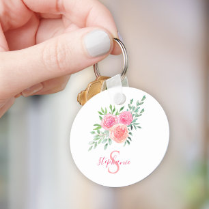 Name Monogram Watercolor Pink Floral Keychain