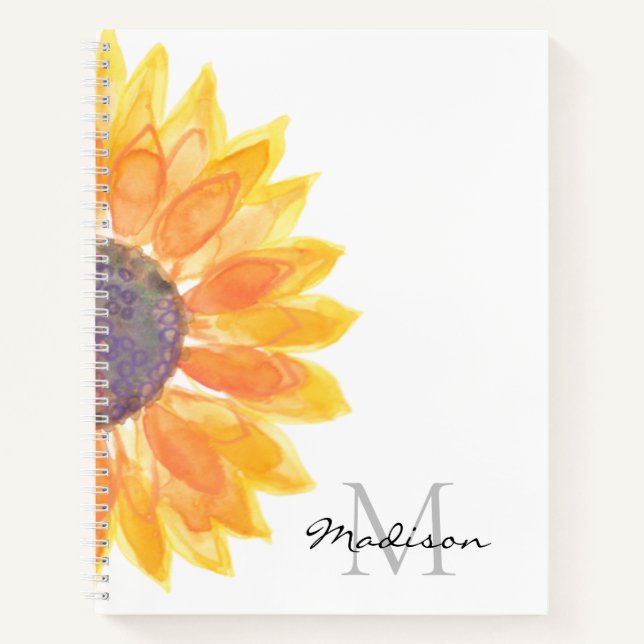 Name Monogram Watercolor Sunflower  Notebook (Front)
