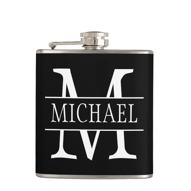 Name monogrammed dark grey hip flask (Front)