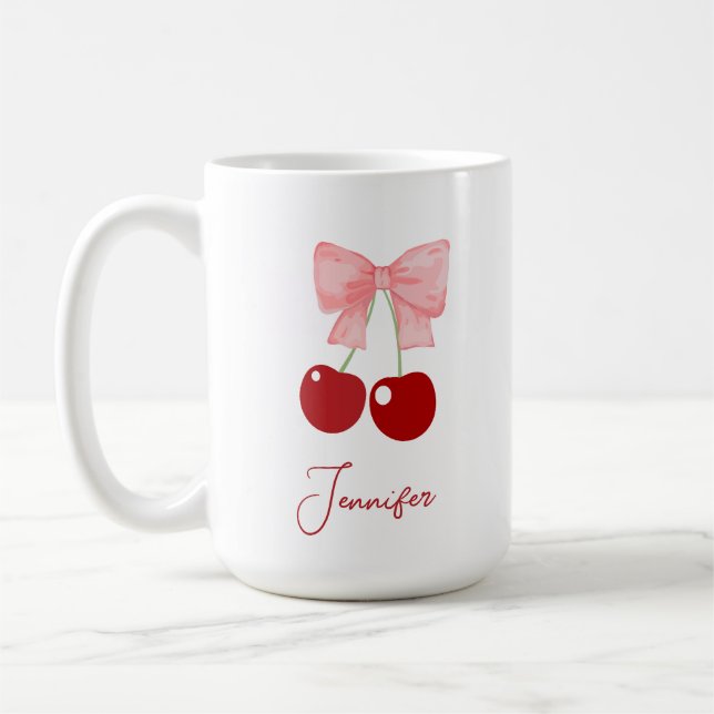 Name Mug with Pink Bow and Cherries (Left)