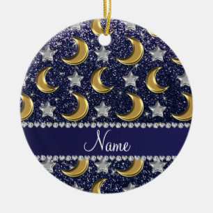 Name navy blue glitter gold moons silver stars ceramic ornament