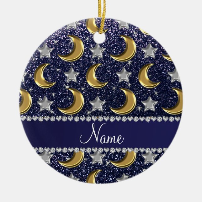 Name navy blue glitter gold moons silver stars ceramic ornament (Front)