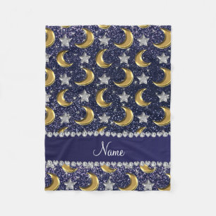 Name navy blue glitter gold moons silver stars fleece blanket