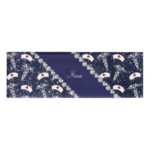 Name navy blue glitter nurse hats silver caduceus tag