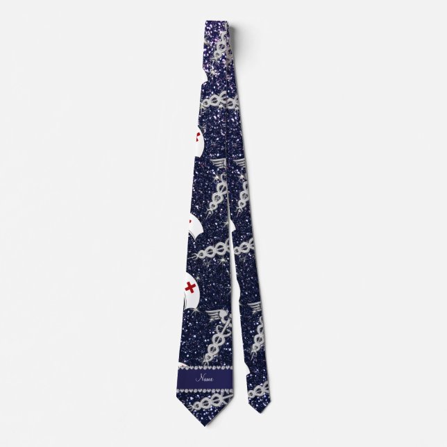 Name navy blue glitter nurse hats silver caduceus tie (Front)