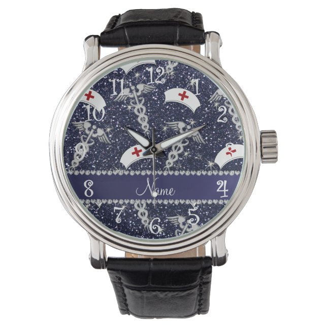 Name navy blue glitter nurse hats silver caduceus watch (Front)