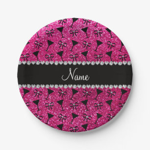 name neon hot pink glitter cocktail glass bow paper plate