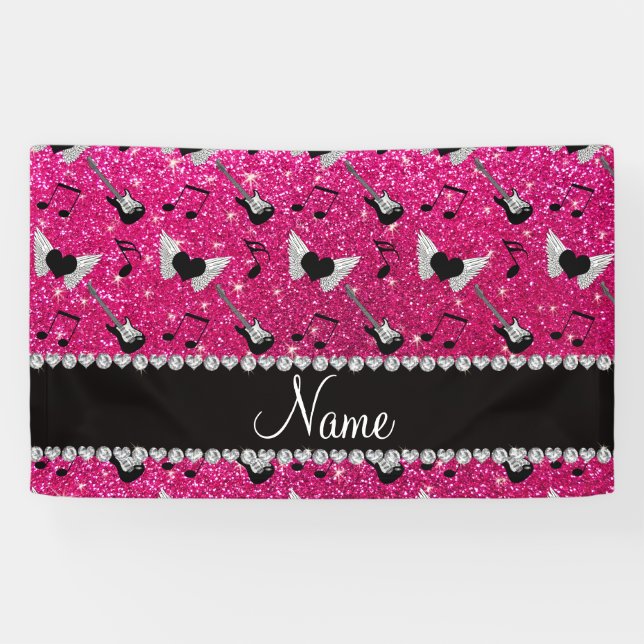 Name neon hot pink glitter guitars heart wings banner (Horizontal)