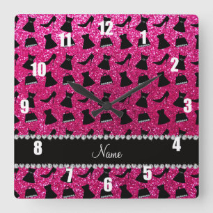 Name neon hot pink glitter high heels dress purses square wall clock