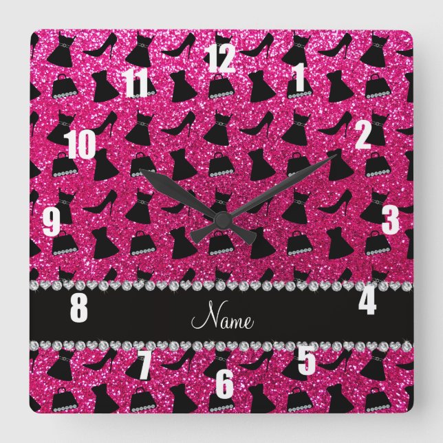 Name neon hot pink glitter high heels dress purses square wall clock (Front)