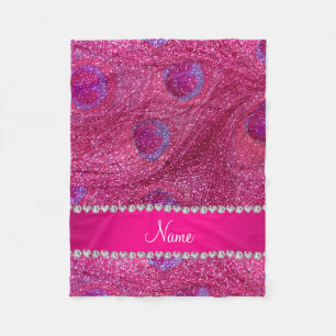 Name neon hot pink glitter peacock feathers fleece blanket