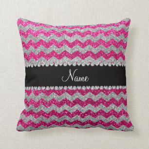 Name neon hot pink silver glitter chevrons throw pillow