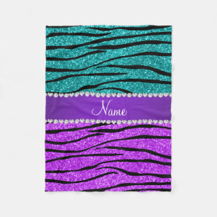 Name neon purple turquoise glitter zebra stripes fleece blanket