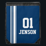 Name number blue sports stripe drawstring bag<br><div class="desc">Navy blue and white mono sports kit bag. In a sports shirt style customize with the name and special age, year or lucky number of your choice. Currently reads: 01 Jenson. *Please note some names will not always fit due to the nature of the font. A perfect gift for a...</div>