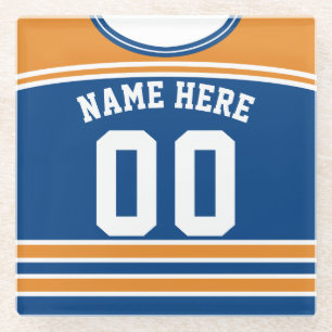 Name & Number Orange & Blue Hockey Jersey Glass Coaster