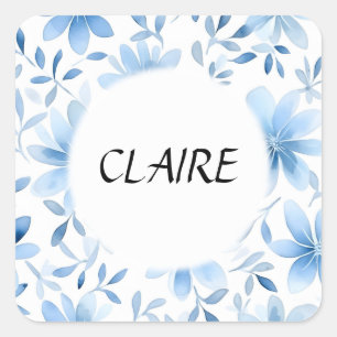 Name on Beautiful Blue Pastel Flower Pattern Square Sticker