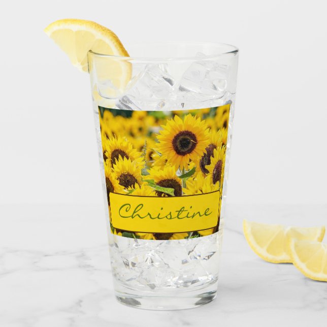 Name on Beautiful Sunflowers Pint Glass (Front Ice)