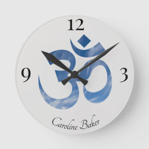 Name on Blue Sky Clouds Om Symbol 8-in Acrylic Round Clock