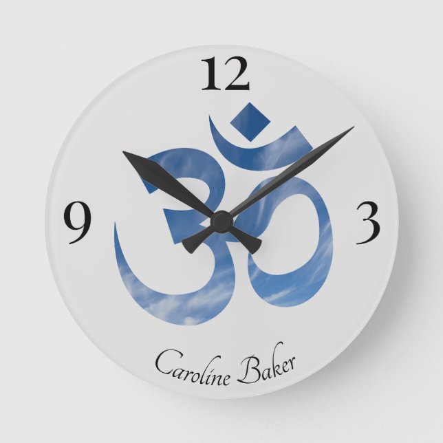Name on Blue Sky Clouds Om Symbol 8-in Acrylic Round Clock (Front)