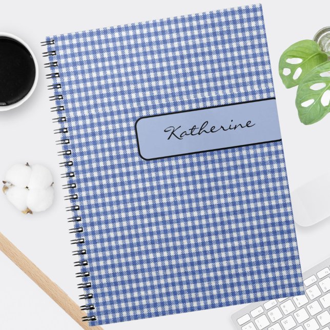 Name on Faux Tab Blue Check Gingham 6.5x 8.75 Notebook (Creator Uploaded)