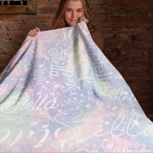 Name on Pink Bluish Watercolor with Musical Notes Fleece Blanket