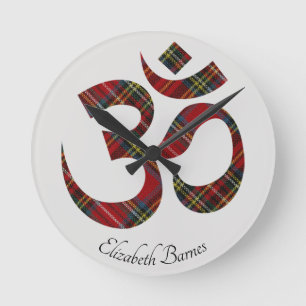 Name on Plaid Tartan Om Symbol 8-in  Round Clock