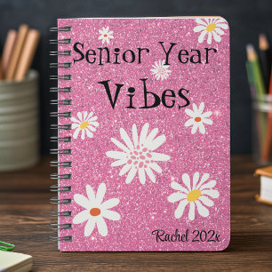 Name on Retro Sparkly Hot Pink Senior Year Vibes Notebook