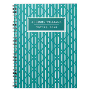 Name on Unique Teal Diamond Stripe Pattern Custom Notebook