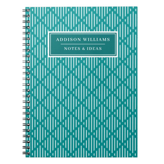 Name on Unique Teal Diamond Stripe Pattern Custom Notebook (Front)