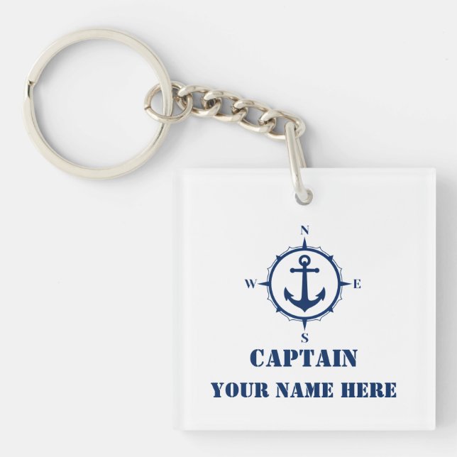 Name or Boat Name Nautical Compass Anchor White Keychain (Front)