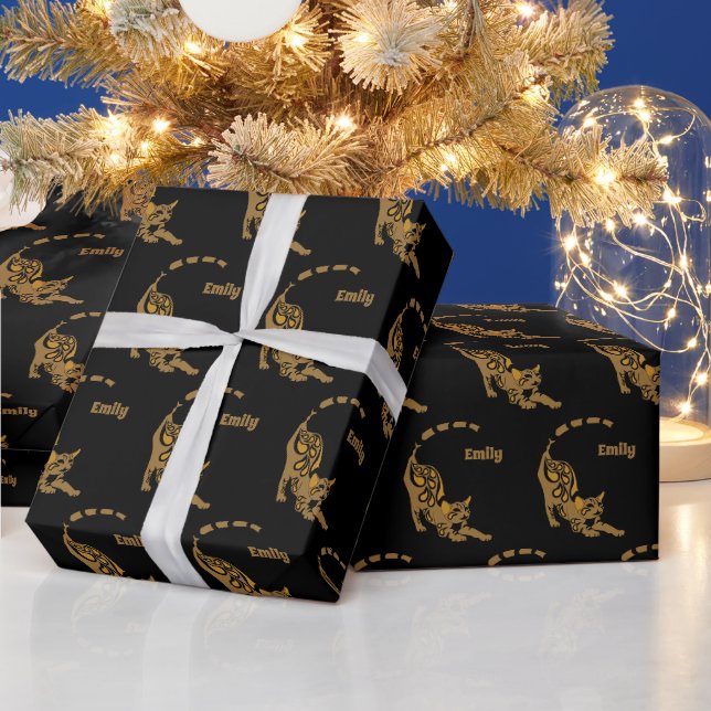 Name Orange Paisley Bengal Kitten Yoga Stretching  Wrapping Paper (Holidays)