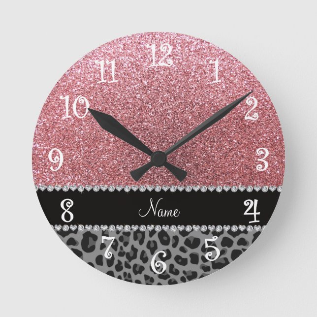 Name pastel pink glitter black leopard round clock (Front)