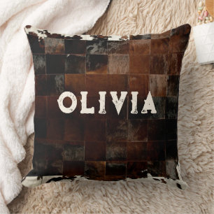 Name Patchwork Cowhide Print Western Rustic Farm Throw Pillow
